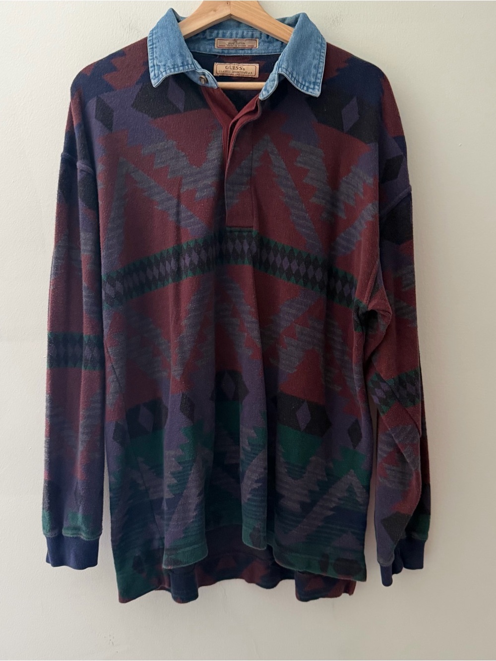 Guess Vintage 90s Aztec Rugby Long Sleeve Polo Burgundy Denim Collar Size Large